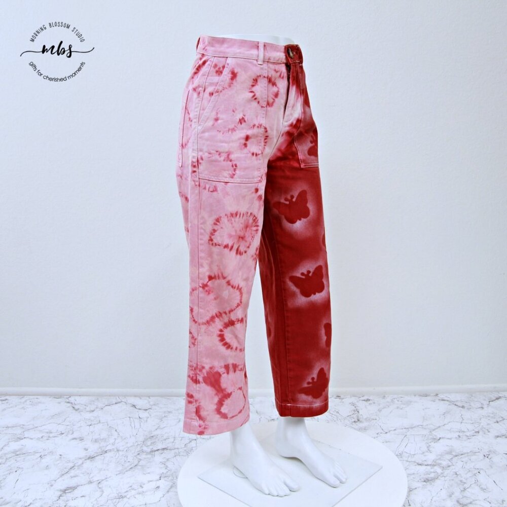 BDG Butterfly Festival Tie Dye High Waist Crop Wide Leg Jeans Peach Red Women 26